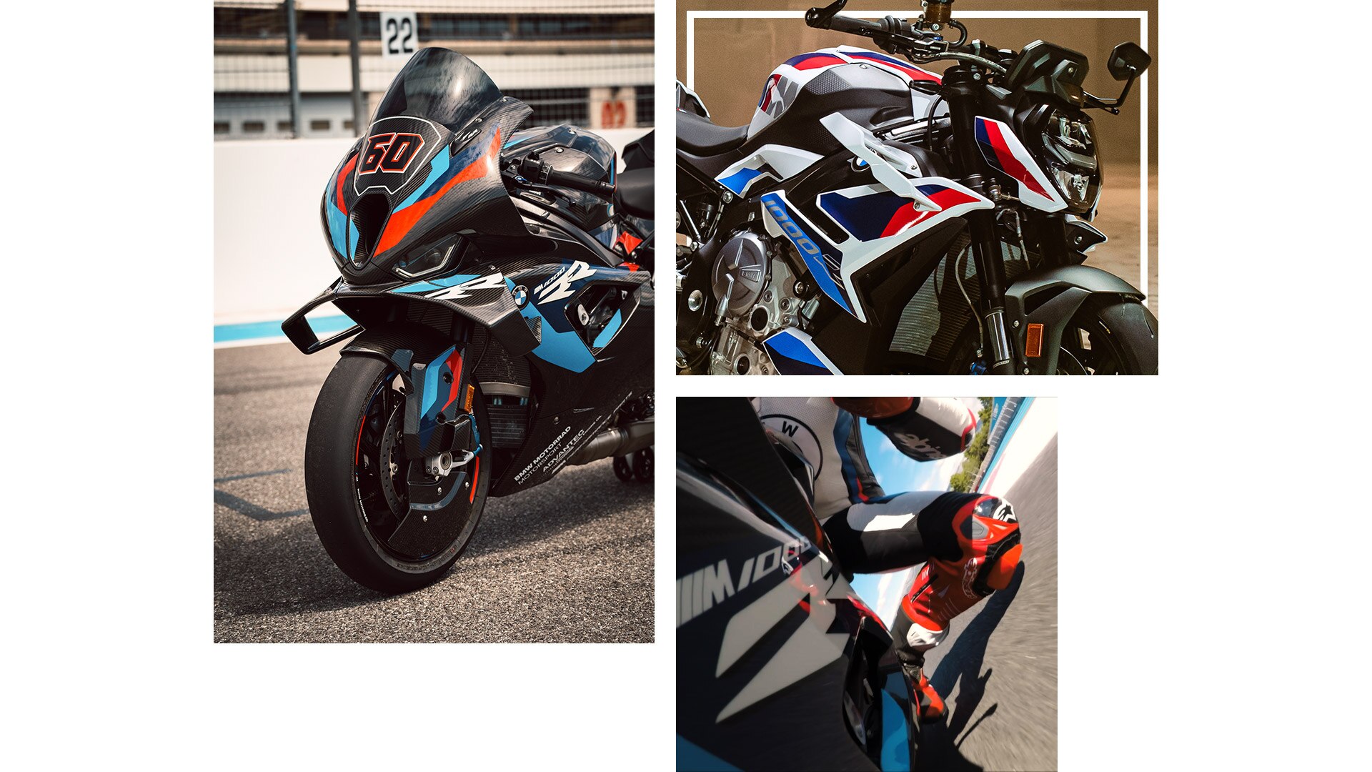 Collage of shots showing the moving M 1000 RR and M 1000 R.